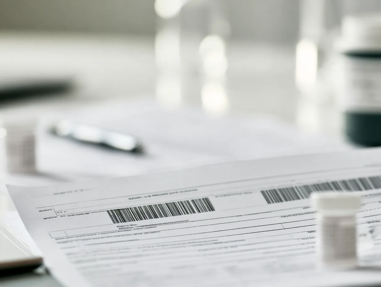 Printed batch documentation with barcode labels beside sample containers