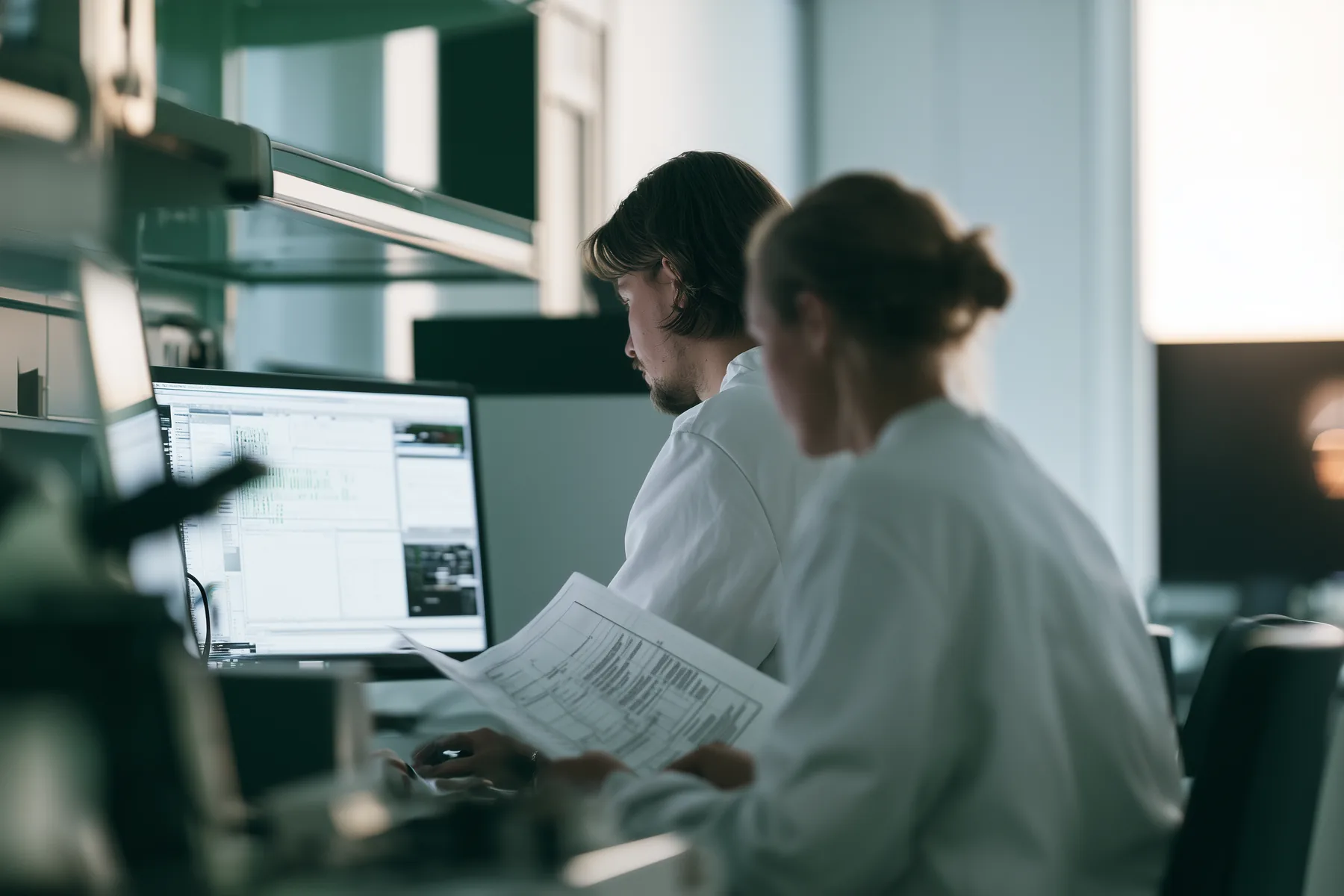 Researchers reviewing analytical data and technical documentation